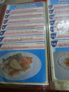 ベトナムのローカル飲食店のメニュー